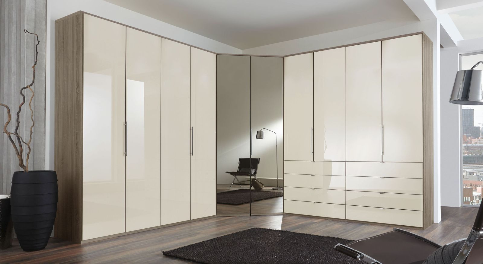 Eck-Kleiderschrank Tiko Eiche Dekor Mit Schubladen, Spiegel Und in Kleiderschrank L Form