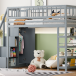 Hochbett 90 X 200 Cm – Regale + Kleiderschrank + Stauraum – Massivholz –  Grau Regarding Hochbett Mit Kleiderschrank