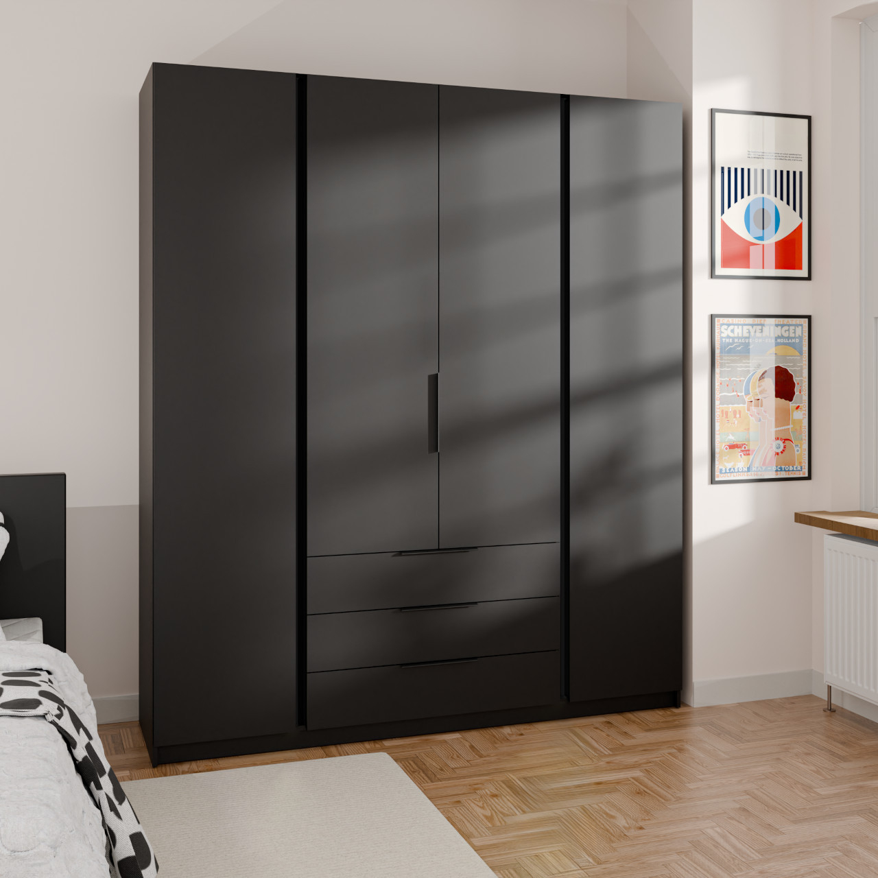 Kleiderschrank 200Cm Mit Schubladen Kaya 01 Schwarz - Moebline Shop in Kleiderschrank 200 Cm Breit