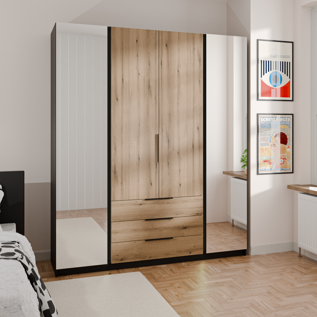 Kleiderschrank 200Cm Mit Spiegel Und Schubladen Kaya 02 Schwarz / Eiche  Evoke - Moebline Shop regarding Kleiderschrank 200 Cm Breit