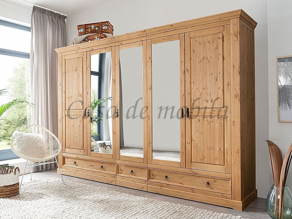 Kleiderschrank 5Türig Mexican-Stil 310X215X62Cm Kiefer Massiv Eichefarben  Gelaugt Geölt in Kiefer Kleiderschrank