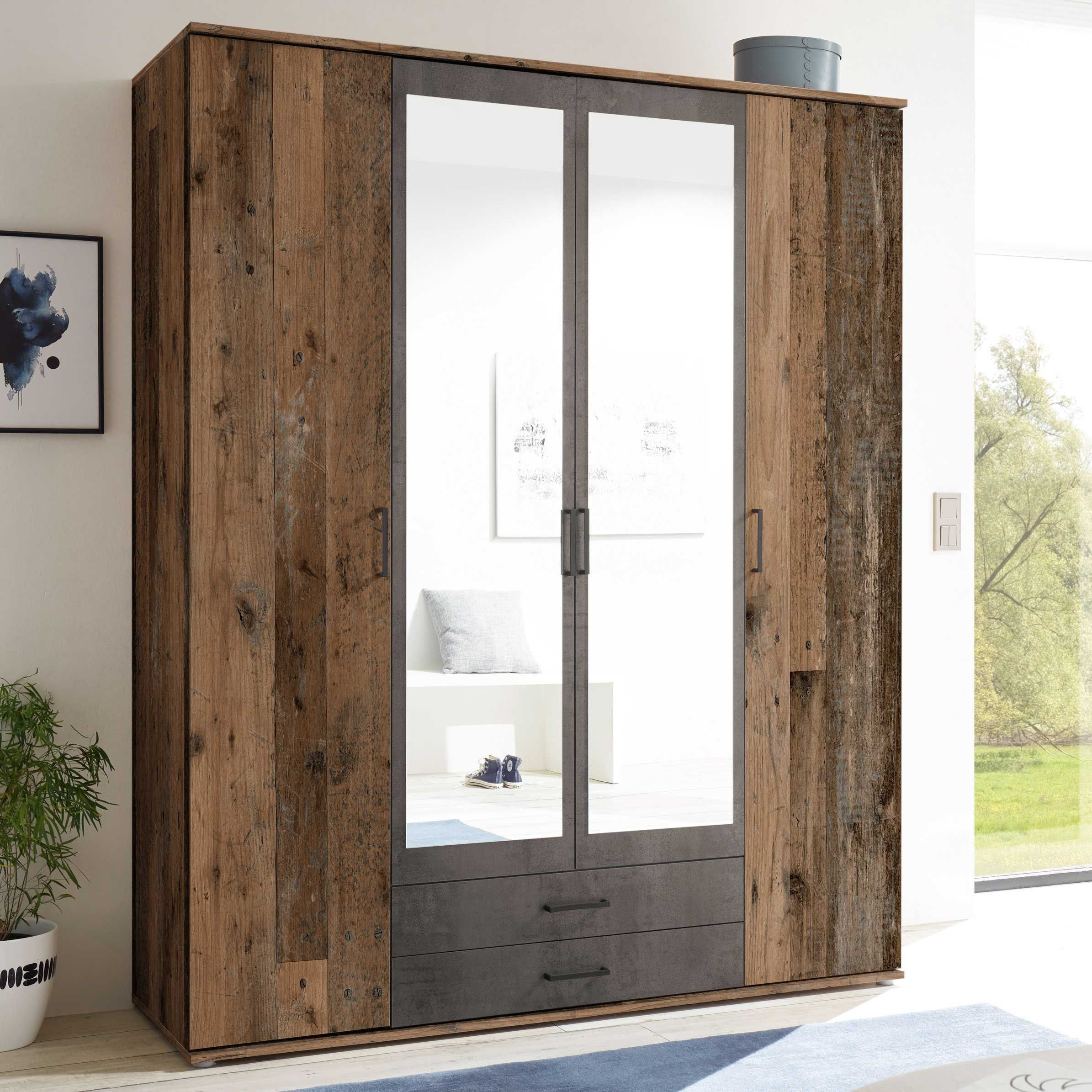Kleiderschrank Ellis 160Cm Mit 4 Türen 2 Schubladen Und Spiegel - Alter  Stil/Beton regarding Kleiderschrank 160 Cm Hoch