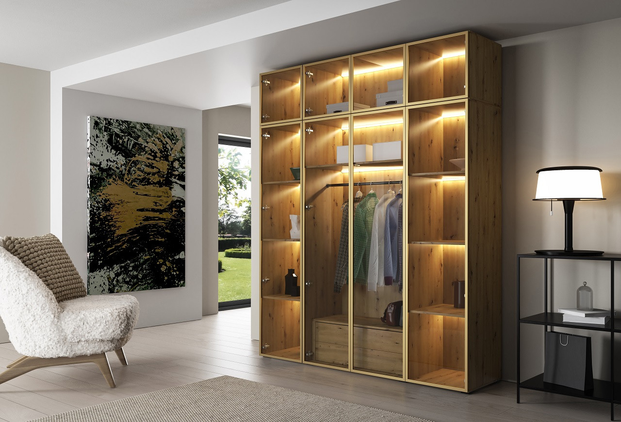 Kleiderschrank Mit Schubladen Vitrum 200 Eiche Artisan / Golden - Moebline  Shop inside Eiche Kleiderschrank