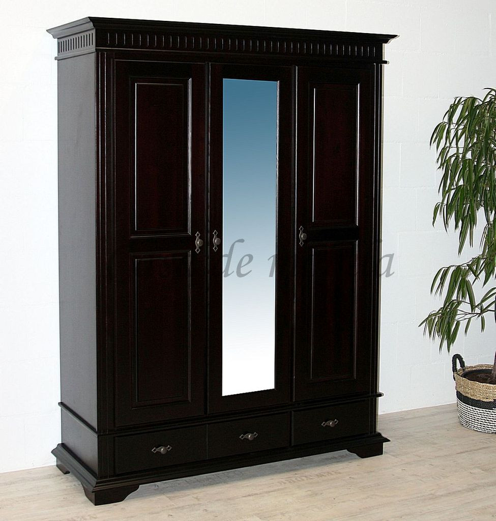 Massivholz Garderobenschrank Mit Spiegel 3Türig Fichte Massiv 154X205X58Cm  Dunkelbraun Kolonial | Massivholzmoebel-Experte within Kleiderschrank Dunkelbraun