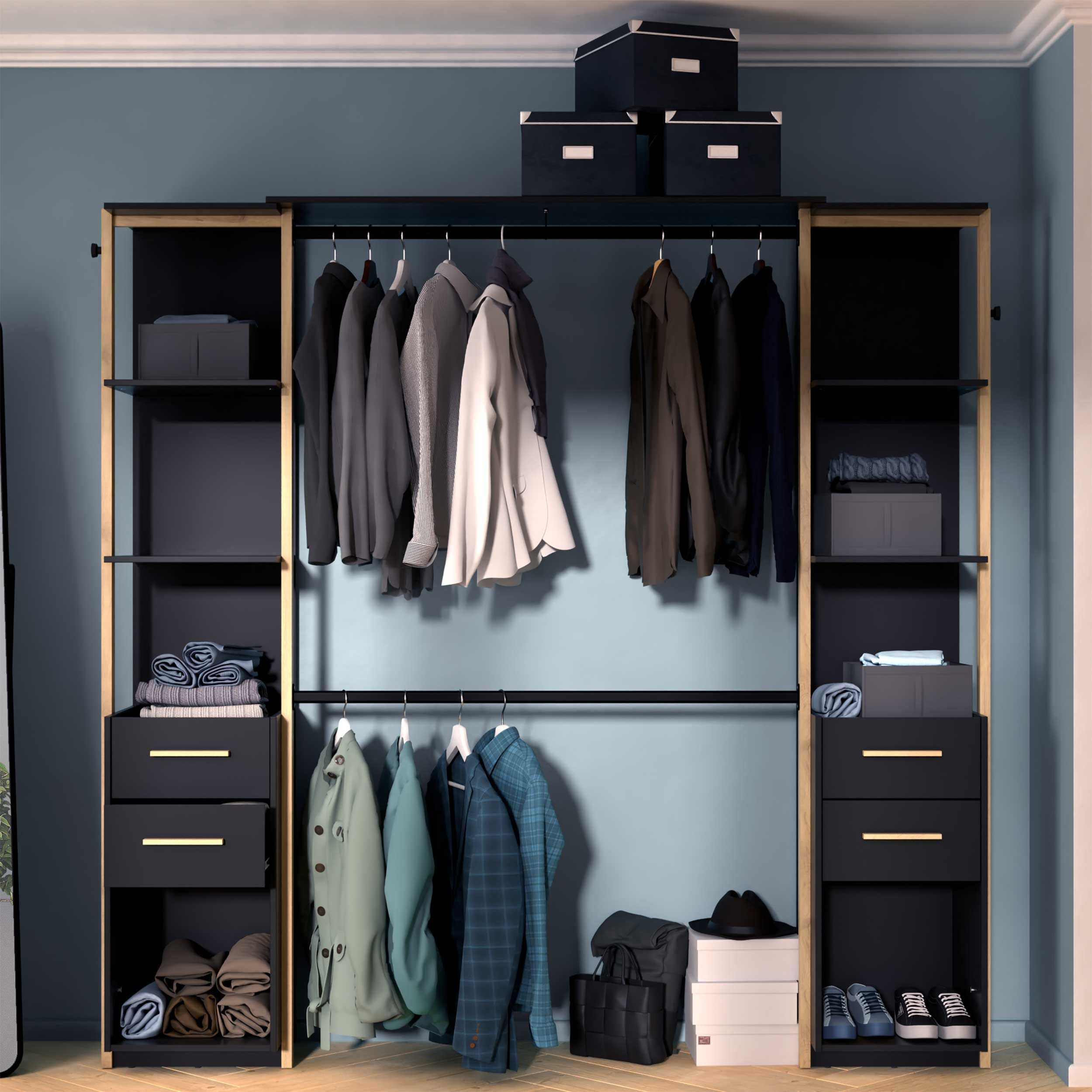 Mono Offener Kleiderschrank - 210X42X204Cm - Schwarz/Eiche Dekor in Offener Kleiderschrank