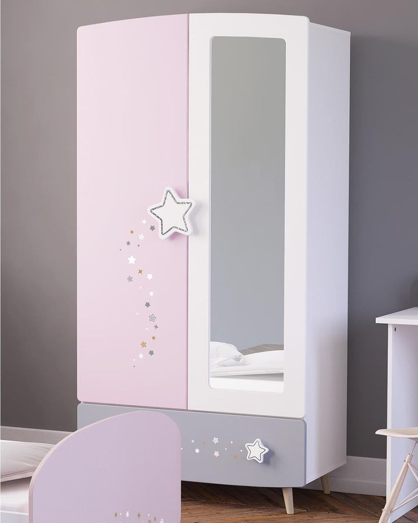 Savannah I Kinder-Kleiderschrank, 2-Türig, 95X186,6X51,6Cm (Bxhxt),  Pastellfarben (Weiß/Grau/Rosa), Aus Spanplatte &amp; Mdf, Mit Sternmotiv,  Sterngriffen intended for Kleiderschrank Für Mädchen
