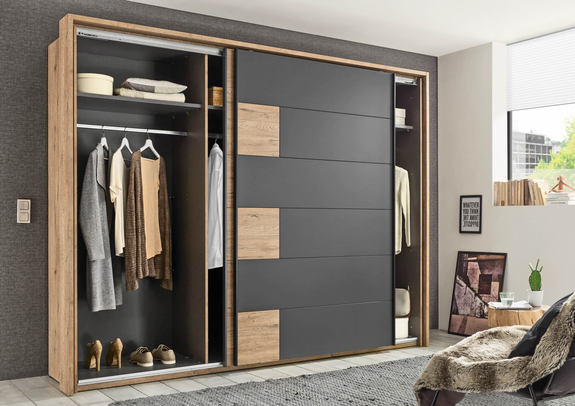 Schwebetüren Kleiderschrank 270 Cm Breit Eiche-Graphit Linea regarding Kleiderschrank 270 Cm Breit