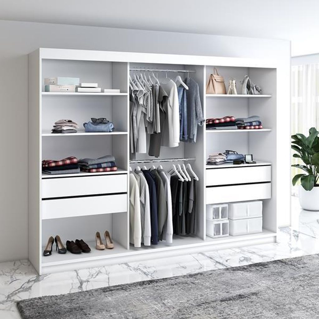 Schwebetürenschrank, 3-Türig Schrank 200 Cm Mit 4 Schubladen, Retrostil  Premium! Moderne Garderobe Für Kleidung. Verschiedene Farben (Weiß,  Schwarz, inside Kleiderschrank 200 Cm Breit